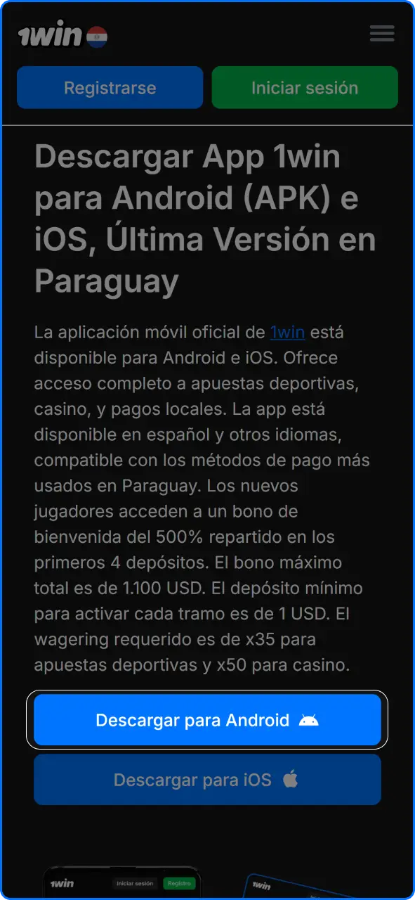 Botón y proceso para descargar el archivo APK oficial de 1win en dispositivos Android.