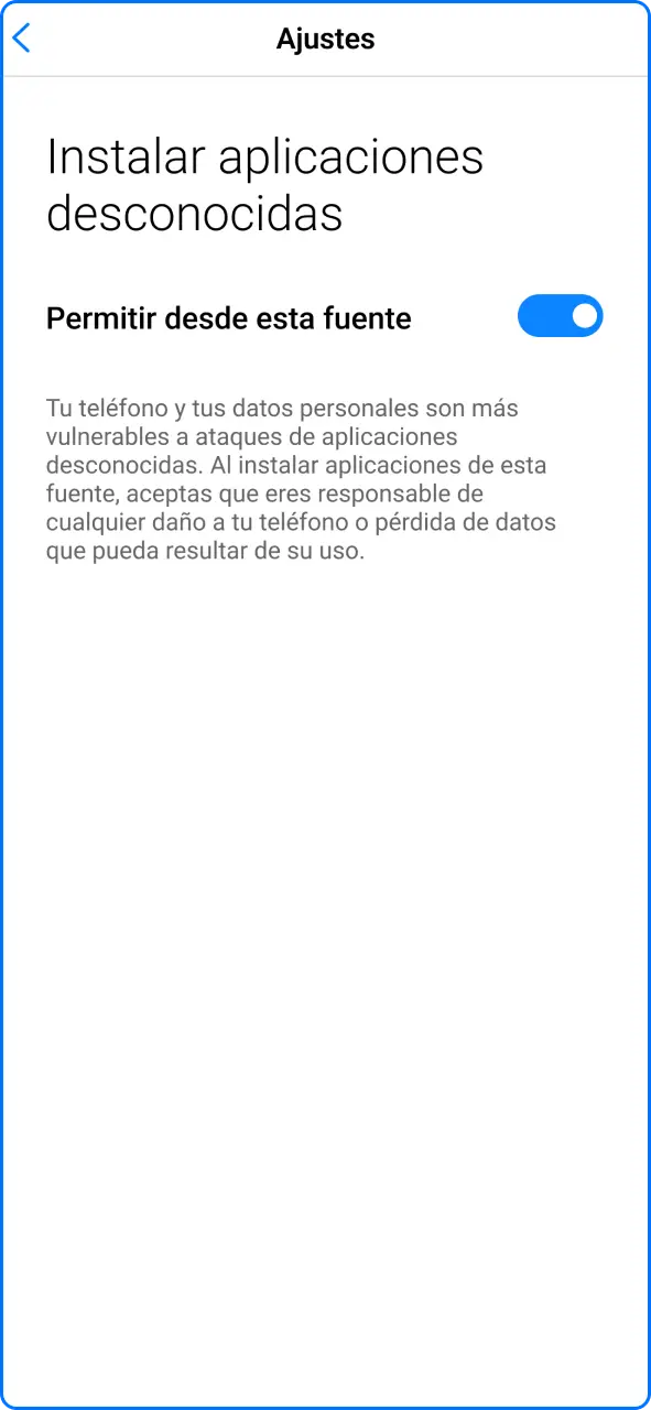 Configuración de permisos para permitir la instalación de aplicaciones de fuentes desconocidas en Android.