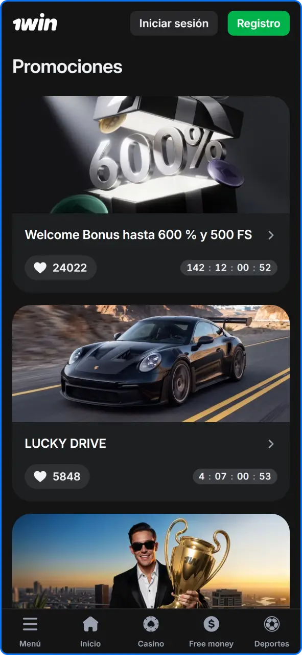 Sección de bonos y promociones disponibles en la aplicación móvil de 1win Paraguay.