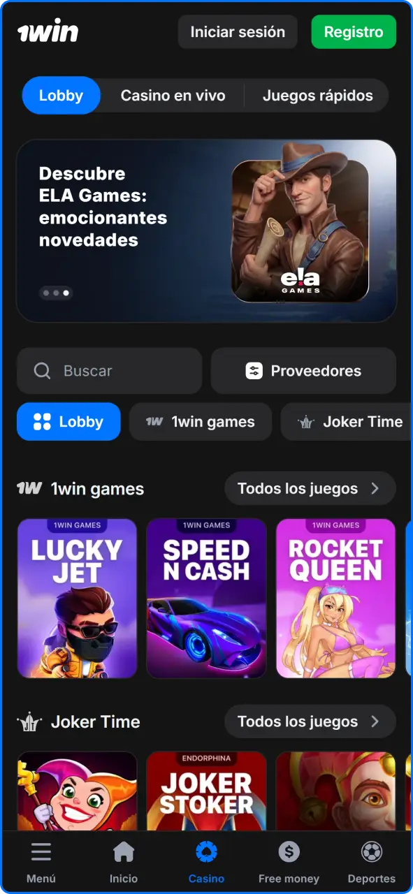 Sección de juegos de casino y tragamonedas en la aplicación 1win Paraguay.