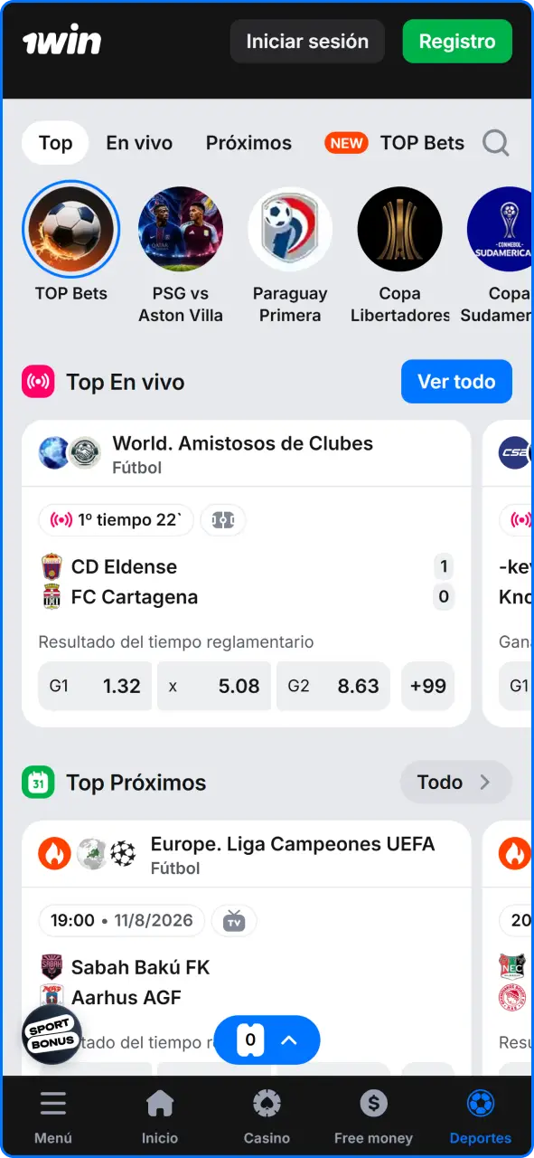 Pantalla de apuestas deportivas con eventos y cuotas en la app de 1win Paraguay.