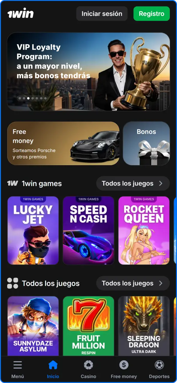Captura de pantalla de la pantalla de inicio de la aplicación móvil 1win Paraguay.