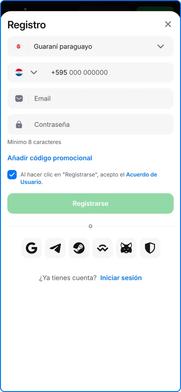 Formulario de registro de nuevo usuario en la app de 1win Paraguay.