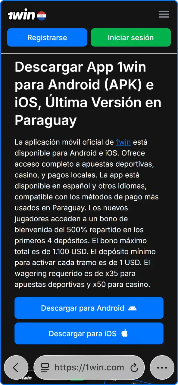 Apertura de la página web oficial de 1win Paraguay desde el navegador Safari en iPhone.