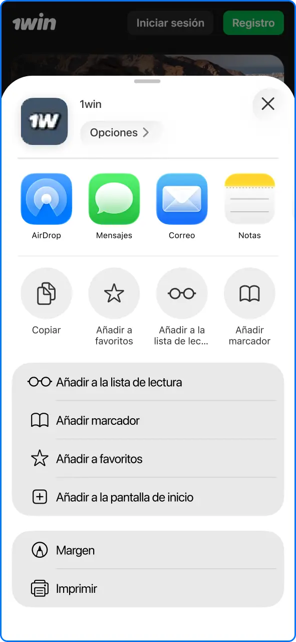 Opción para añadir el acceso directo de la app 1win a la pantalla de inicio del iPhone.