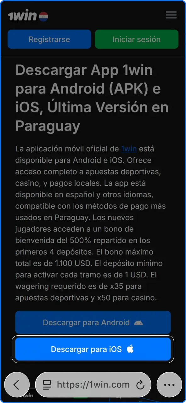 Selección del icono de compartir o botón de descarga en el navegador Safari para iOS.