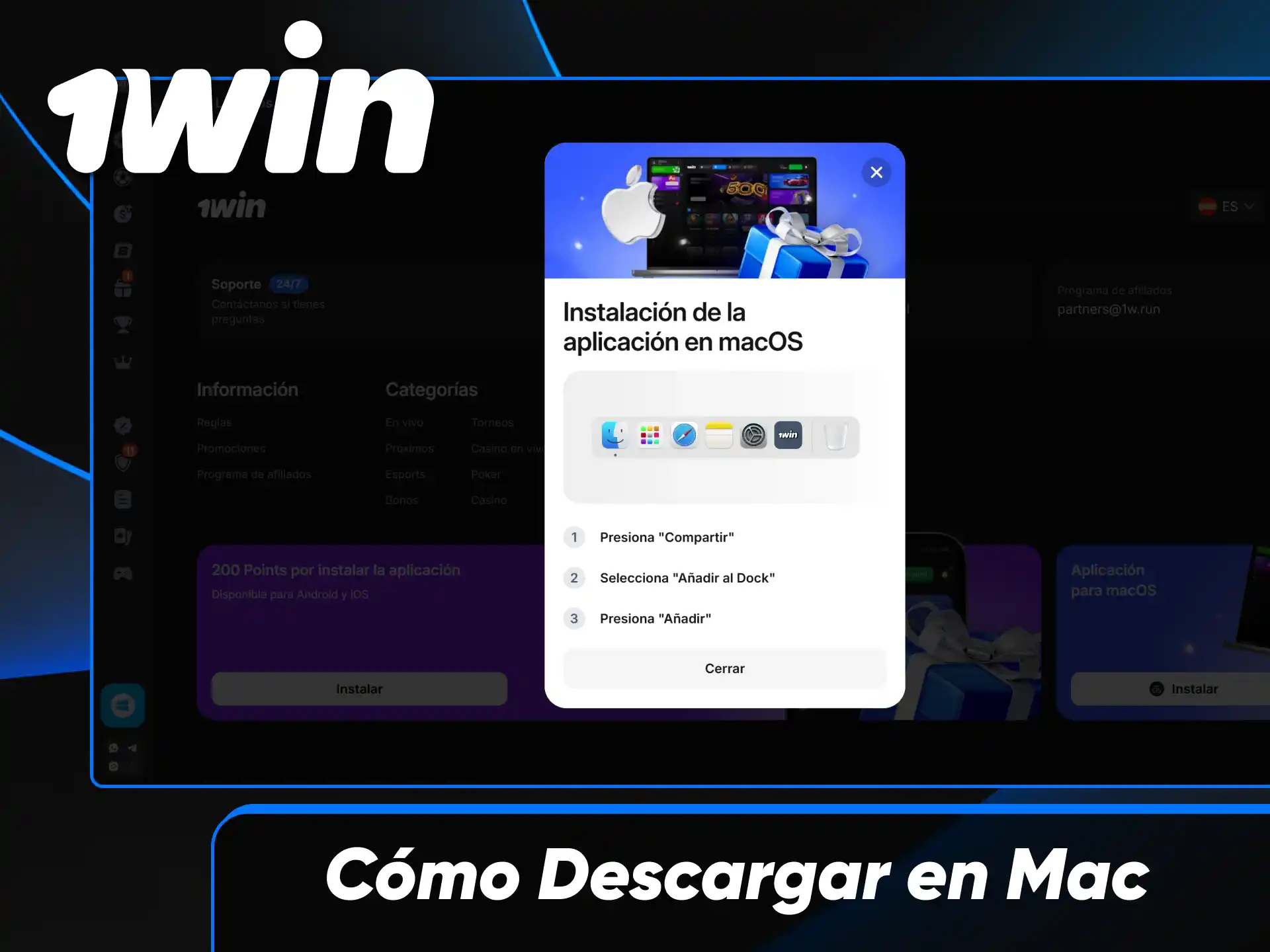 Instrucciones paso a paso para la descarga e instalación de la app de 1win en dispositivos Mac.