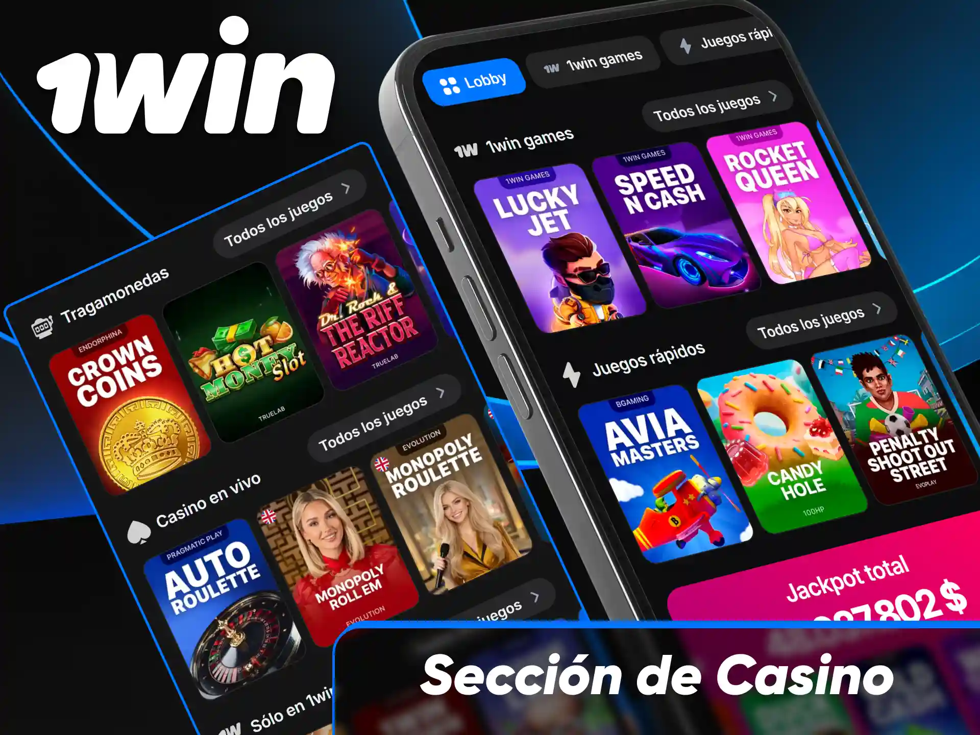 Sección de juegos de casino y tragamonedas disponible en la aplicación móvil de 1win Paraguay.