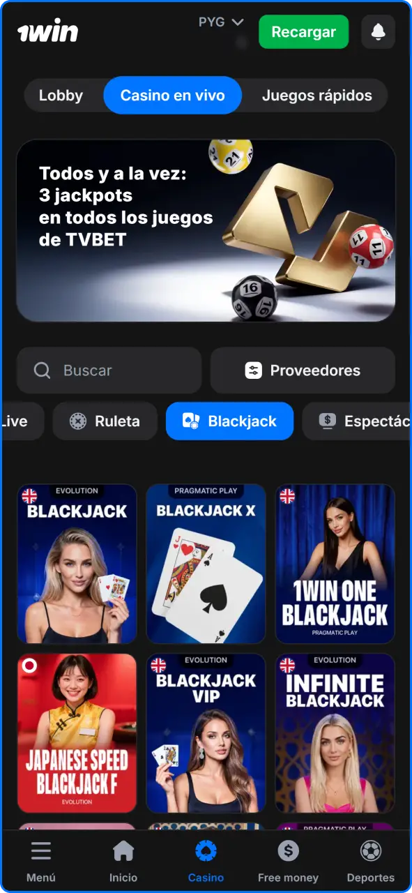 Selección de mesas de blackjack virtuales y con crupier en vivo en el casino 1win.