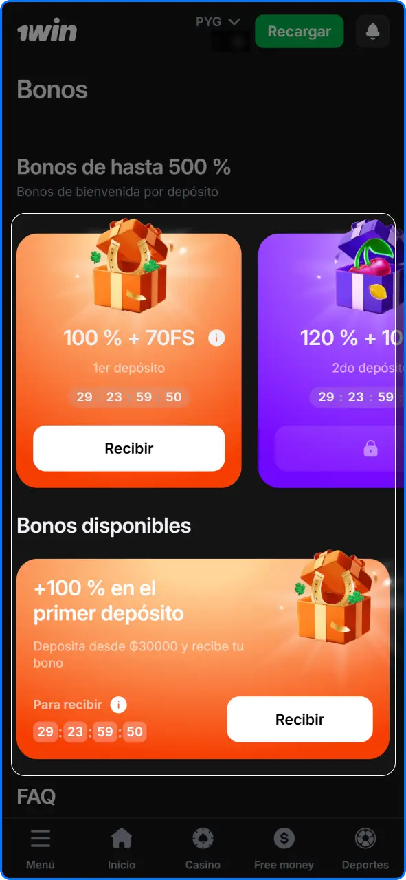 Activación del bono de bienvenida de casino para apostar en 1win Paraguay.