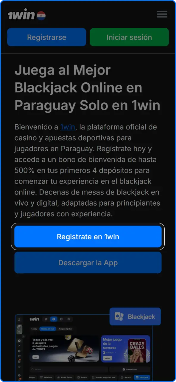 Formulario para registrarse y crear una cuenta de usuario en 1win Paraguay.