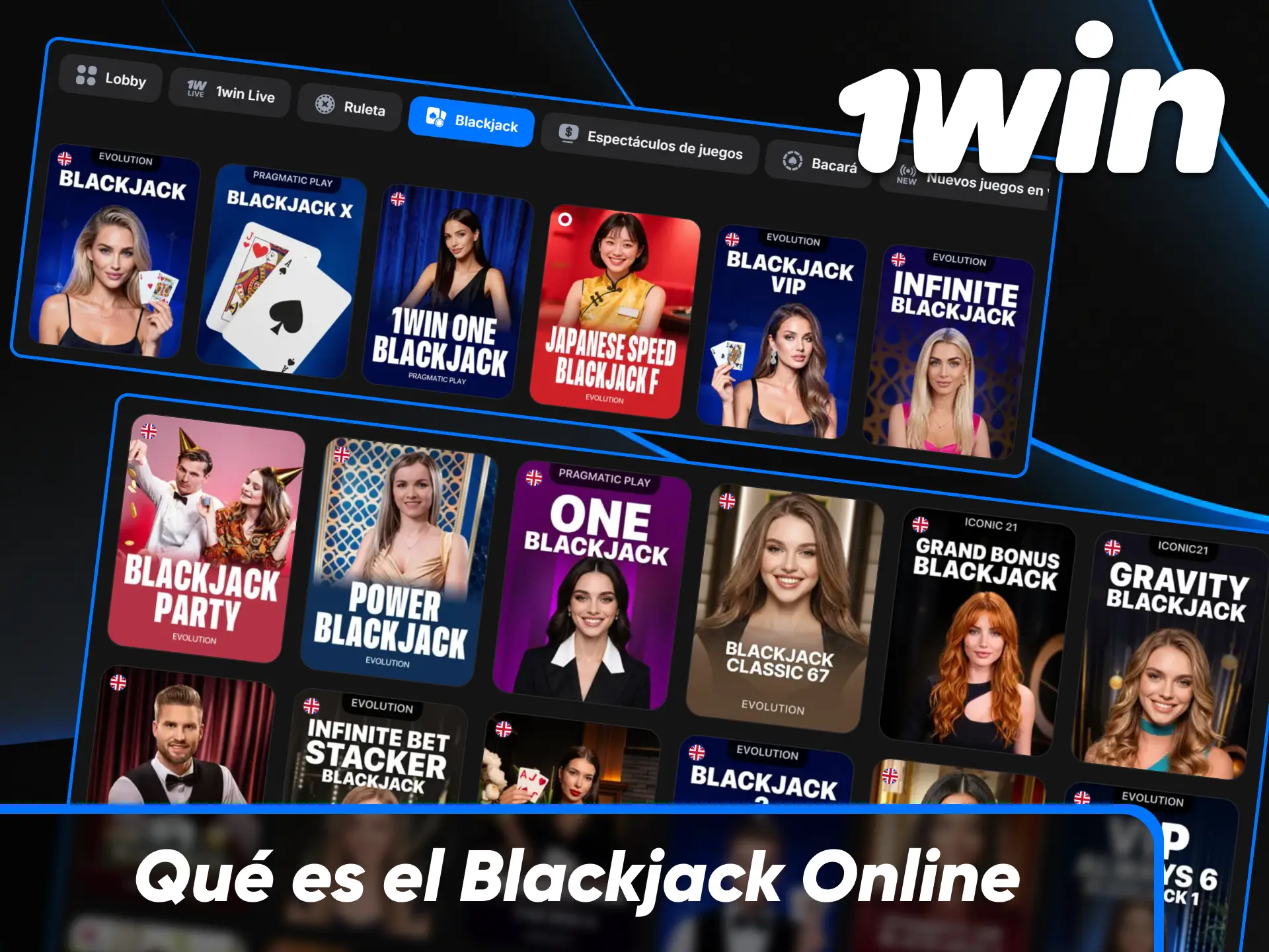 Explicación de la sección de blackjack online y mesas con crupier en vivo en el casino 1win Paraguay.