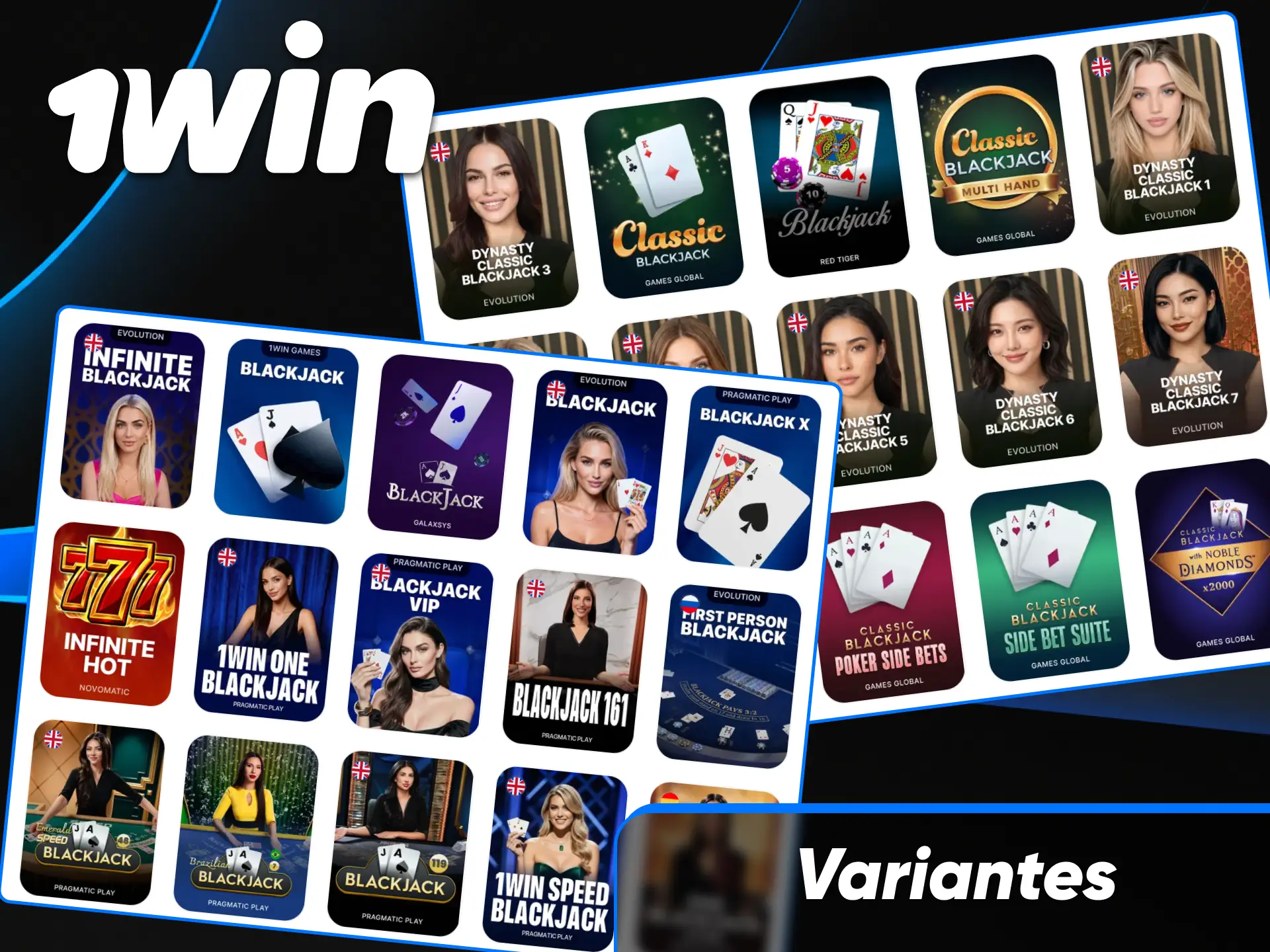Distintas variantes y modalidades de blackjack online y en vivo en el casino 1win Paraguay.