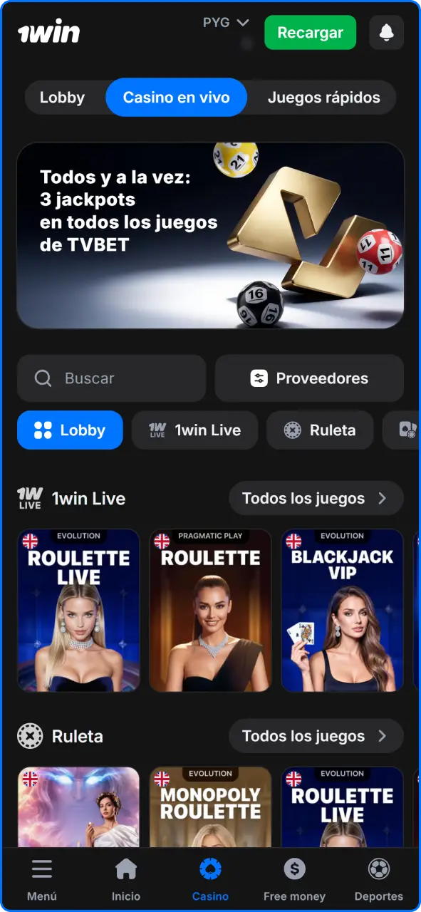 Navegación hacia el catálogo principal de salas de casino en vivo en 1win Paraguay.