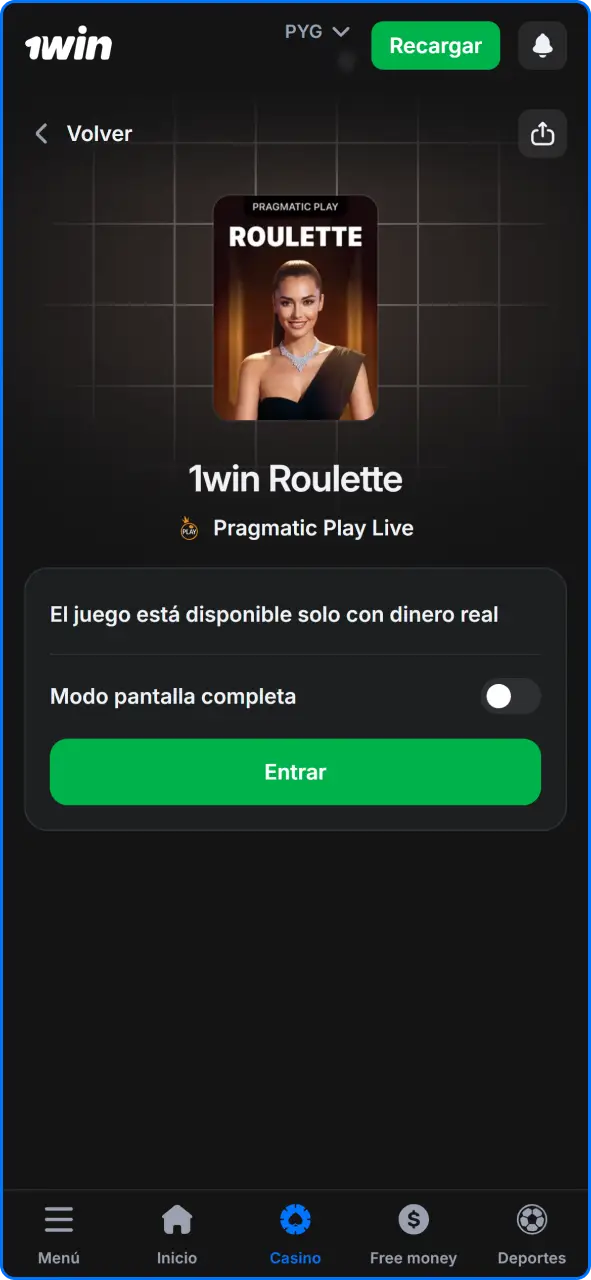 Interfaz de juego para seleccionar una mesa con crupier y realizar apuestas en 1win.