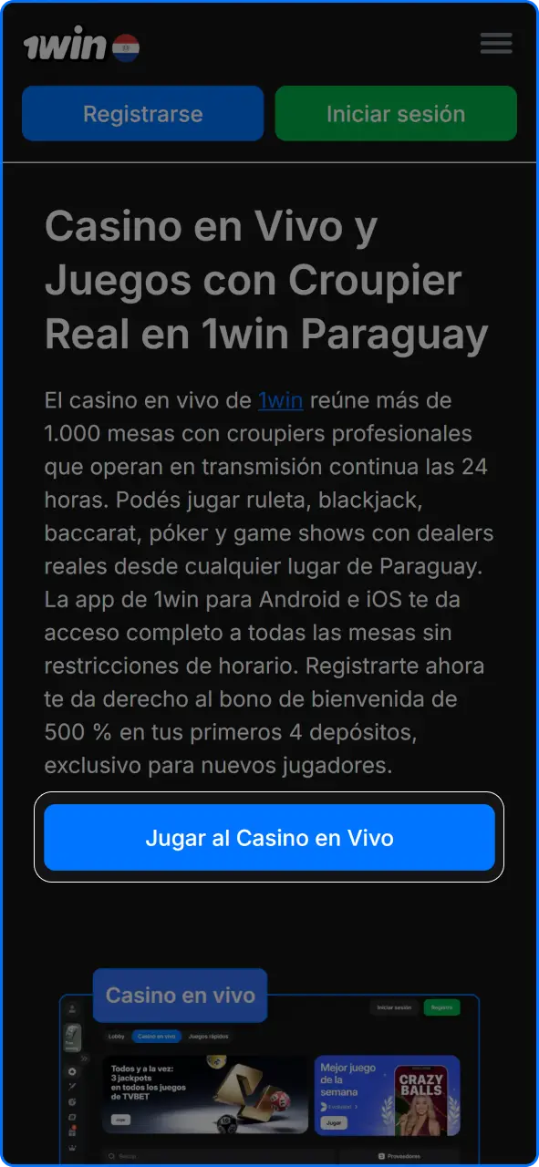 Botón principal para iniciar la experiencia de juego en el casino online 1win Paraguay.
