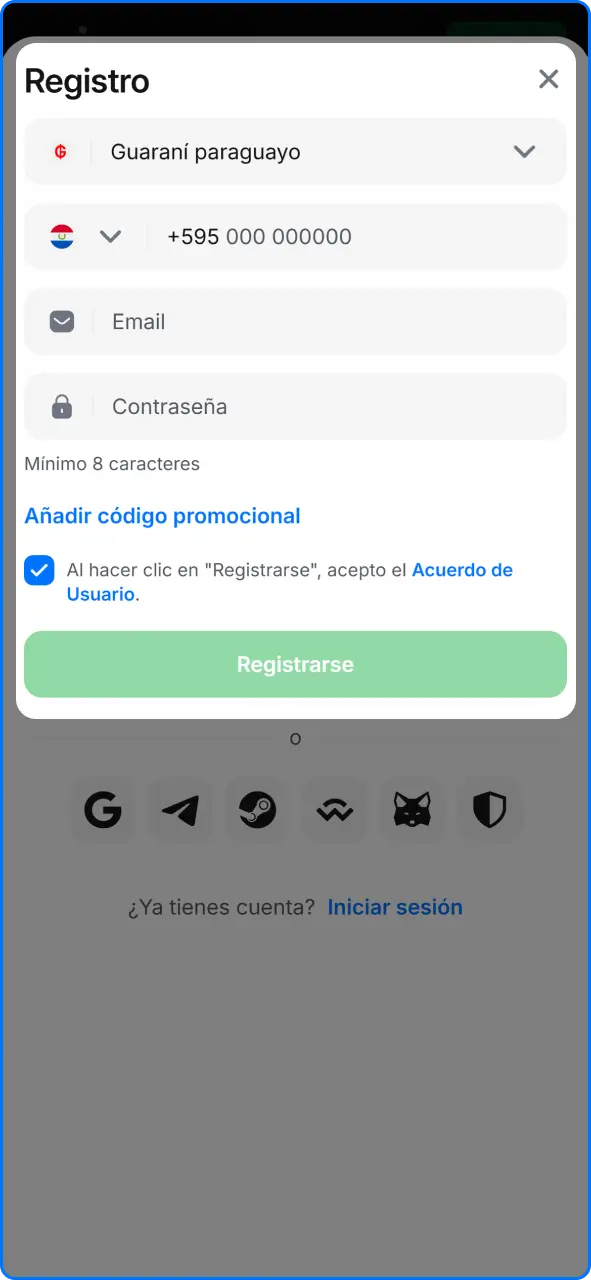 Pantalla de acceso para ingresar a la cuenta personal de usuario en 1win Paraguay.