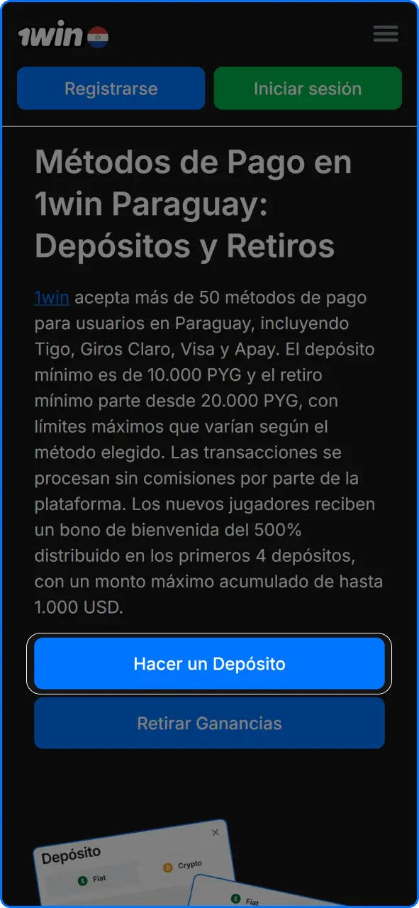 Inicio de sesión en la cuenta personal del usuario en 1win Paraguay para realizar un depósito.