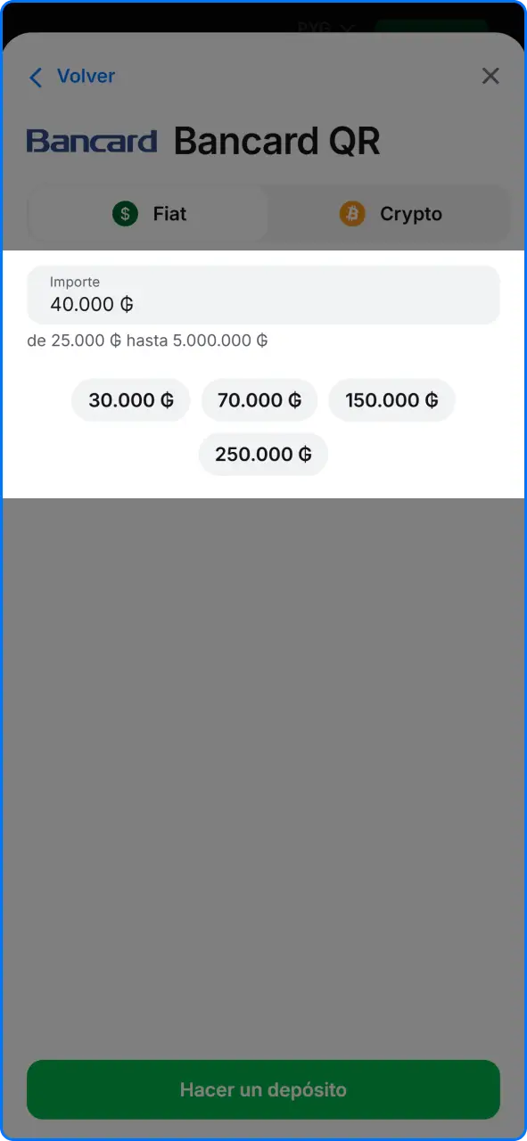 Pantalla de confirmación del valor a depositar en la billetera de 1win Paraguay.