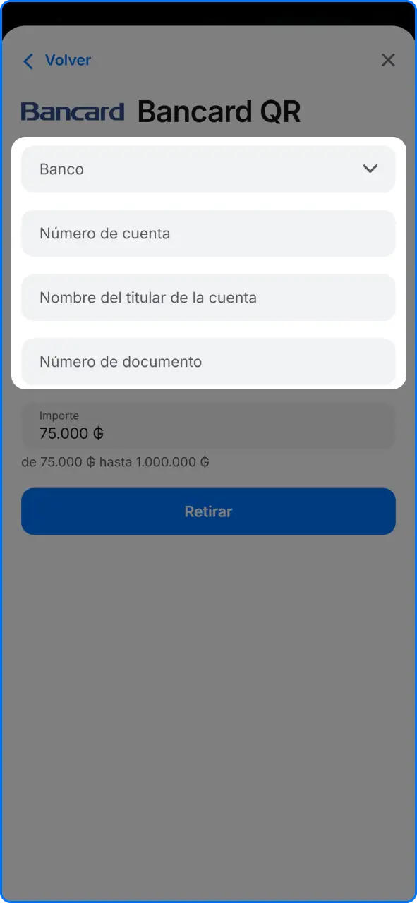 Formulario para ingresar la información bancaria o de billetera virtual de destino en 1win.