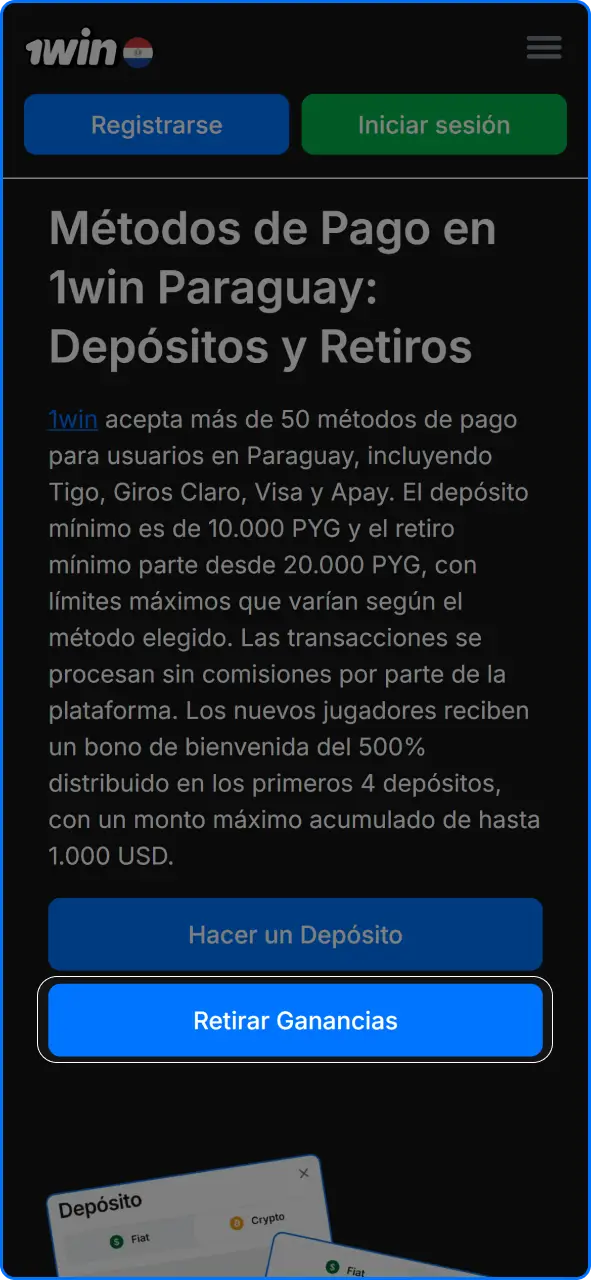 Menú de cajero y gestión de fondos en la plataforma de 1win Paraguay.