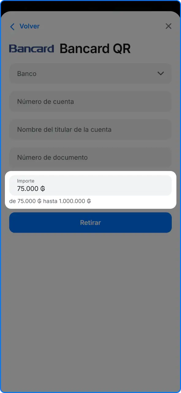Campo para especificar la cantidad de dinero a retirar de la cuenta de 1win.
