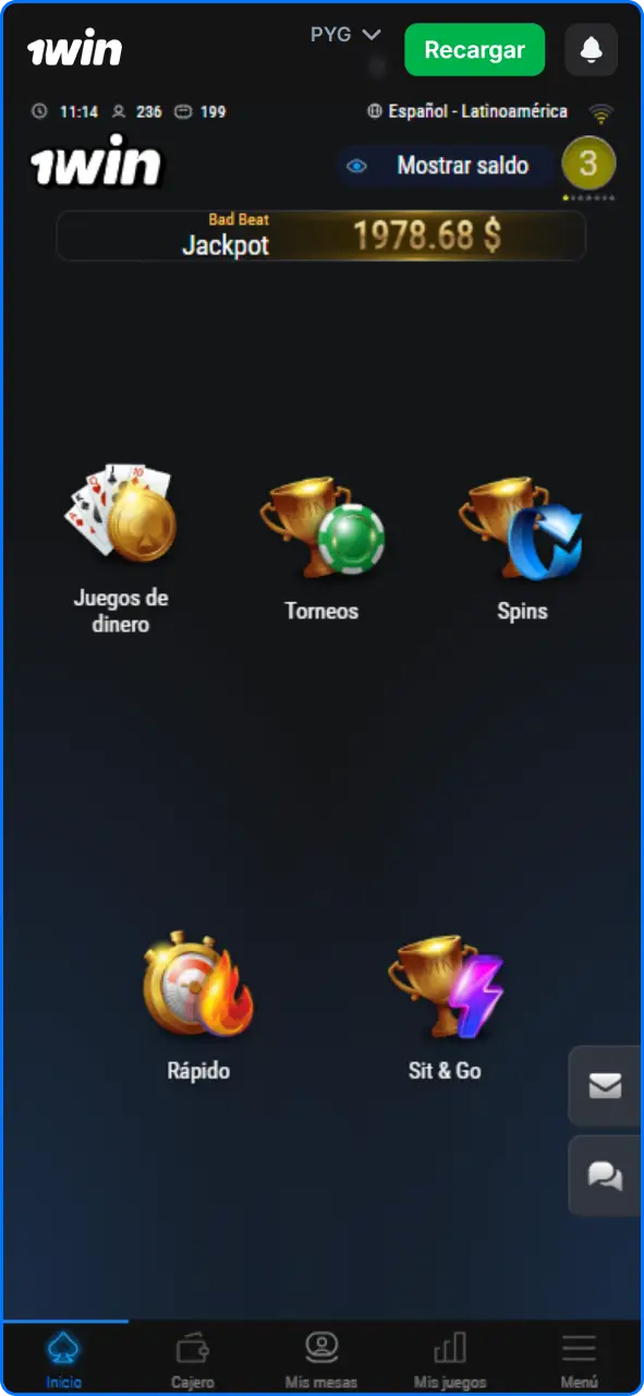 Selección de modalidad y mesa de juego en el lobby de póker de 1win Paraguay.