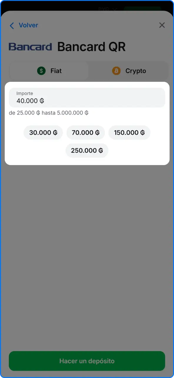 Pantalla de recarga de saldo con métodos de pago disponibles en 1win Paraguay.