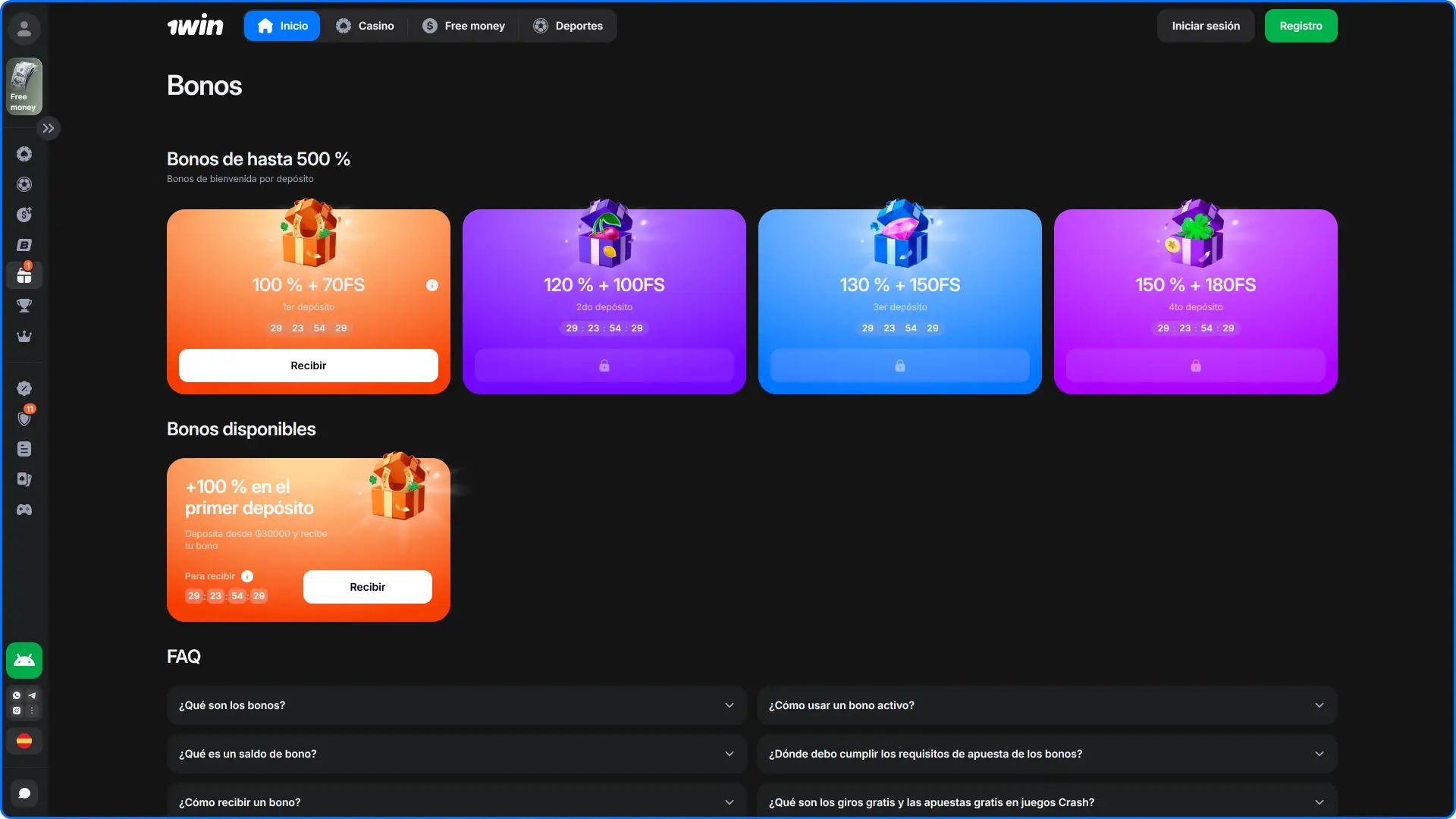 Sección de bonos y promociones disponibles en el sitio oficial de 1win Paraguay en PC.