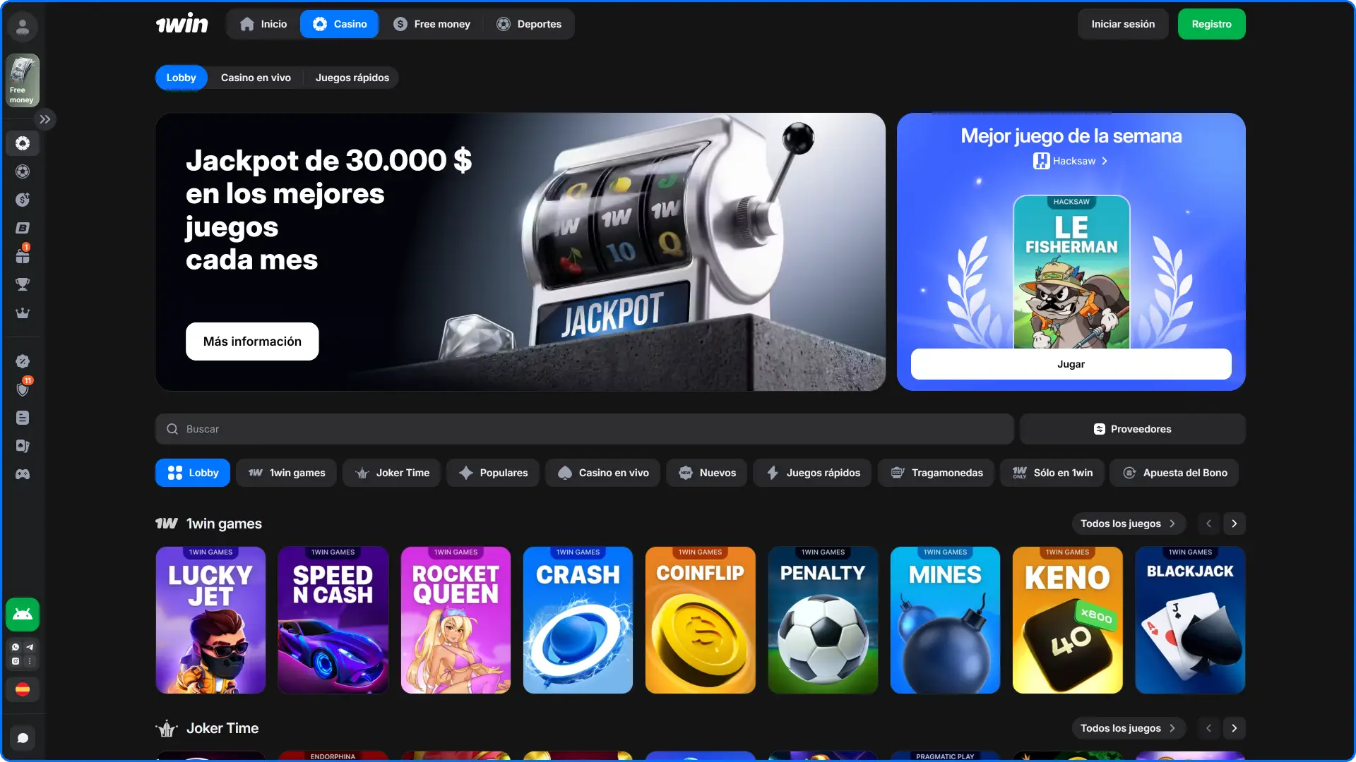 Sección de juegos de casino y tragamonedas en el sitio oficial de 1win Paraguay en PC.