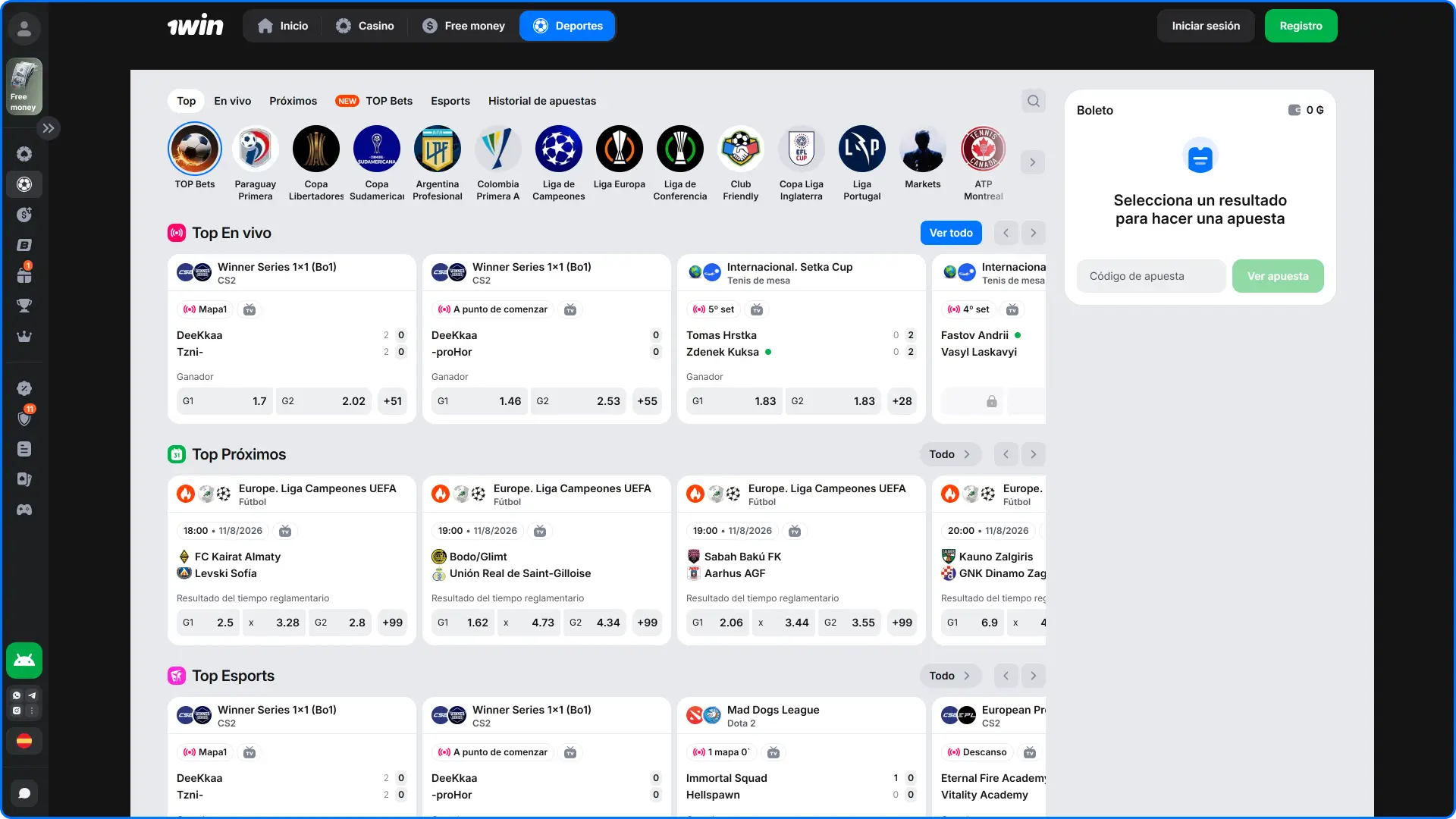 Sección de juegos de casino y tragamonedas en el sitio oficial de 1win Paraguay en PC.