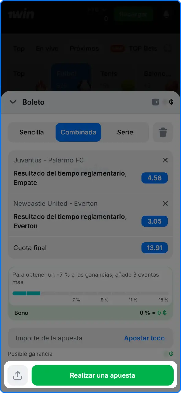 Confirmación final del boleto de apuesta en 1win Paraguay.