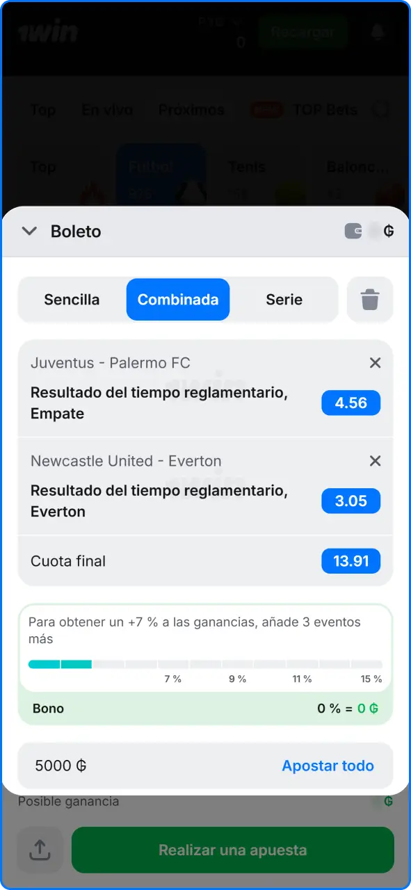 Campo para ingresar el importe de la apuesta en 1win Paraguay.