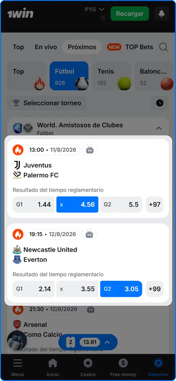 Elección de eventos deportivos y mercados de apuestas en la plataforma 1win Paraguay.
