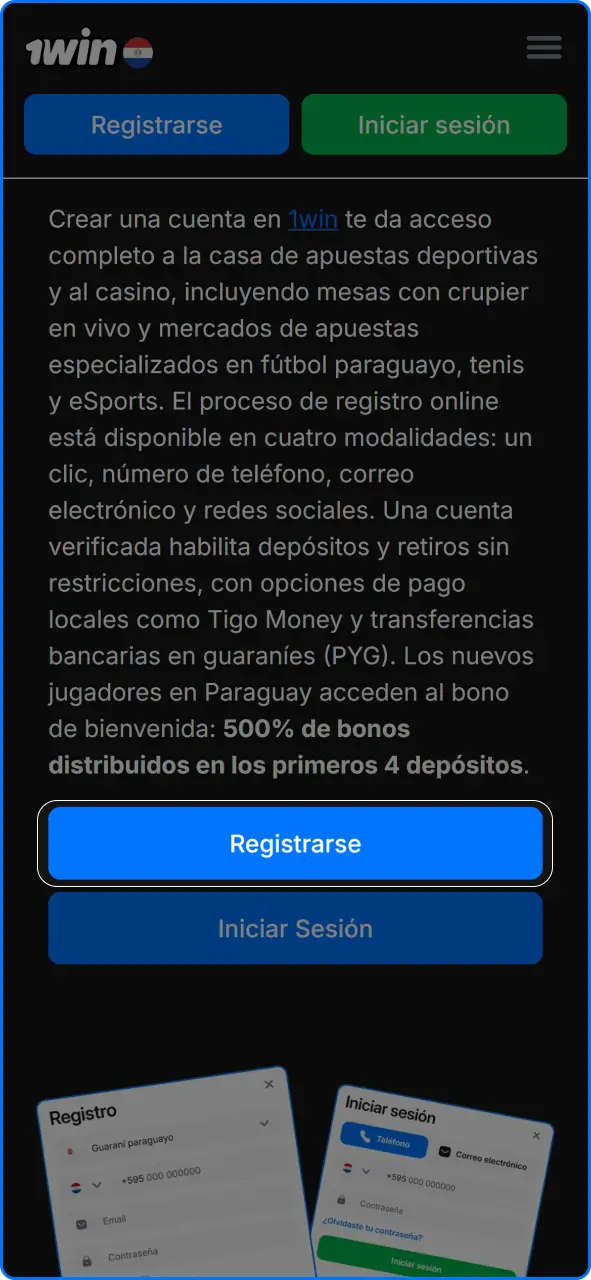 Botón de registro para abrir el formulario de creación de usuario en 1win Paraguay.