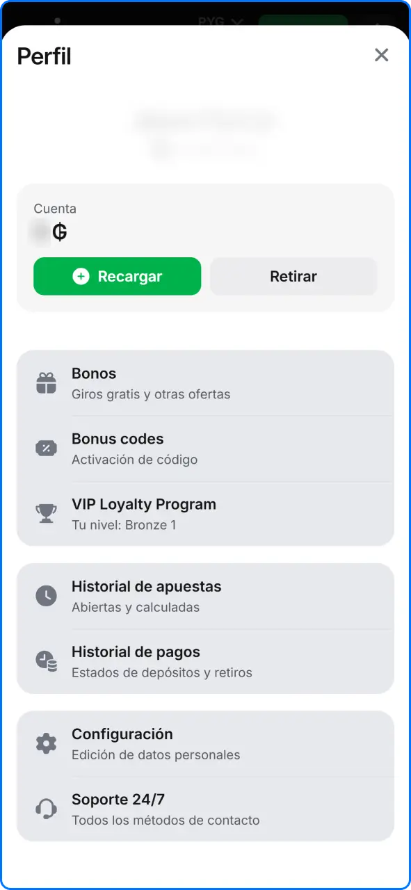 Panel de control y acceso al perfil personal de usuario registrado en 1win.