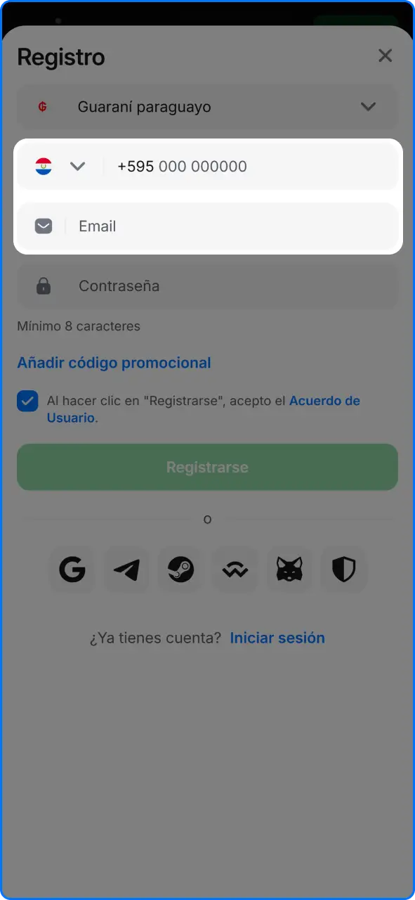 Formulario de registro con los datos requeridos para crear una cuenta en 1win.