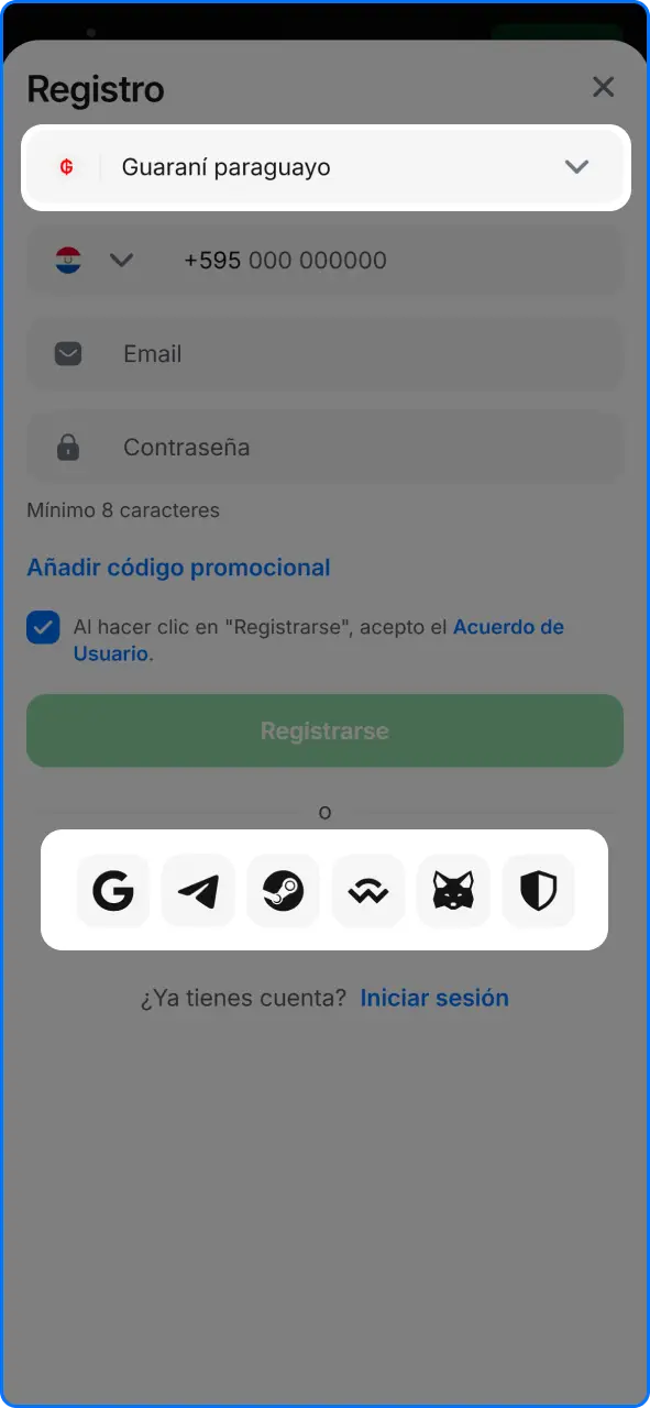 Opciones de registro disponible en 1win Paraguay mediante correo o redes sociales.