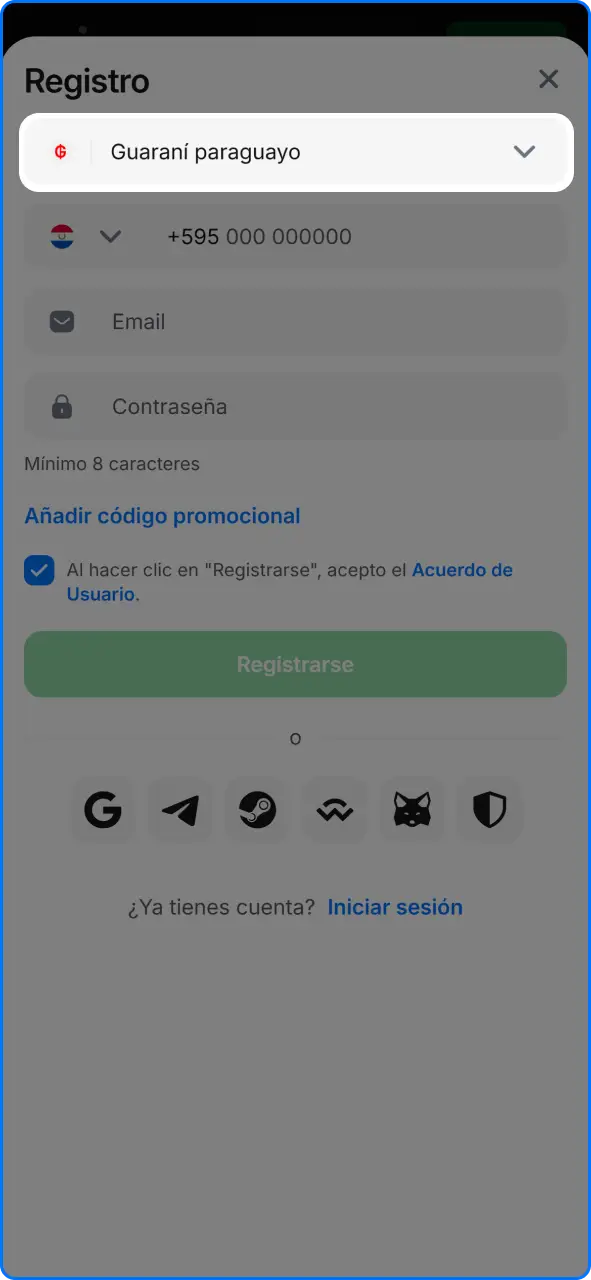 Configuración del país Paraguay y selección de la moneda local en 1win.