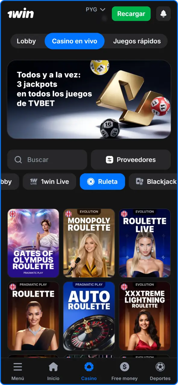 Menú principal del casino 1win Paraguay para seleccionar entre las distintas mesas de ruleta disponible.
