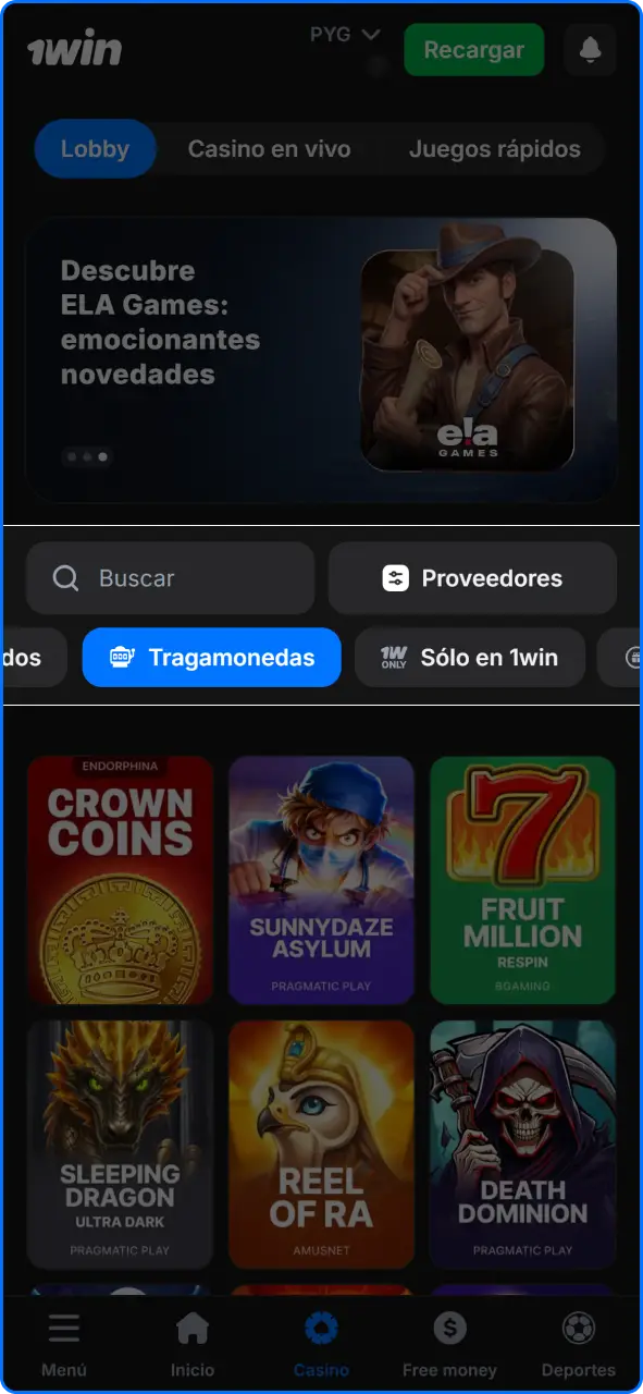 Catálogo y catálogo principal de máquinas tragamonedas disponibles en el casino 1win.