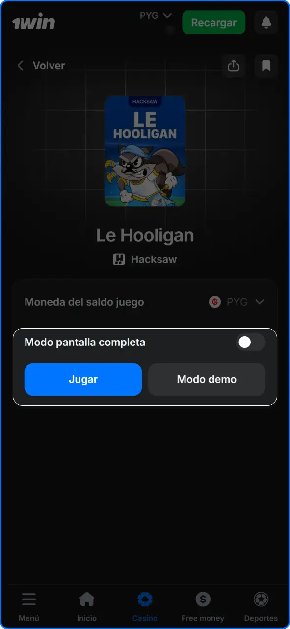 Selección entre el modo de demostración gratuito o apuestas con dinero real en 1win.